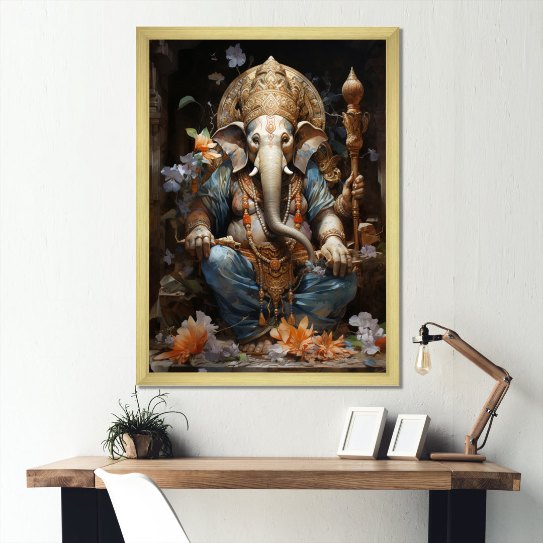 Yuonne Gold Grey Indian Art Mystic Ganesha - Indian Art Framed Canvas Print Wall Art Bungalow Rose 