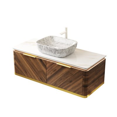 Meuble-lavabo de salle de bain avec dimensions de 48 po, armoire exquise en contreplaqué et lavabo en marbre flottant en céramique à motif de contreplaqué blanc, poignées dorées, bande à DEL à détection automatique