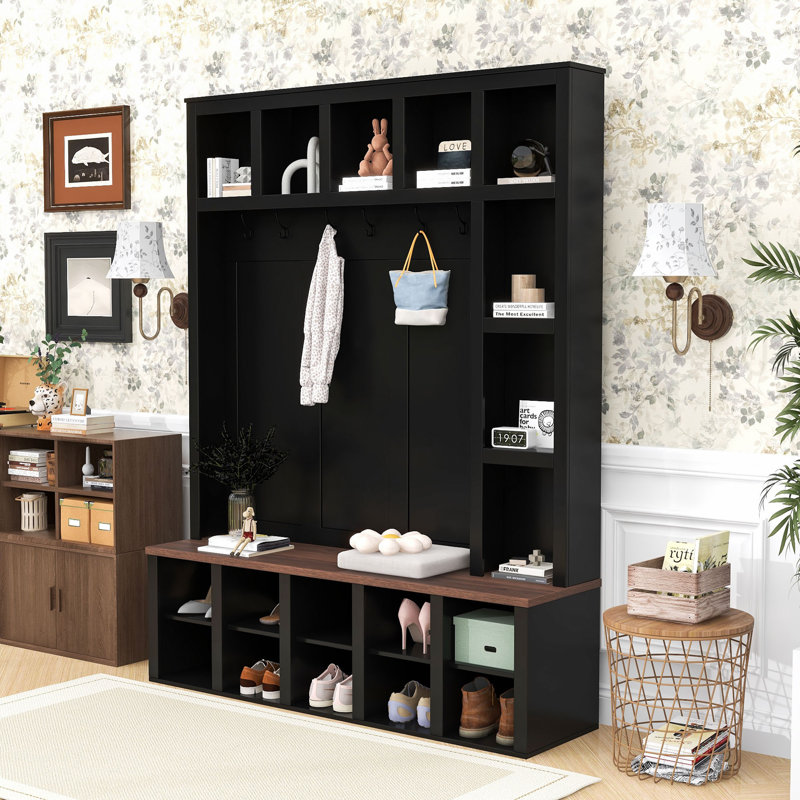 Minimalist Wood Hall Tree with Adjustable Shelves, Hooks, Shoe Storage and Bench for Entryway, Black