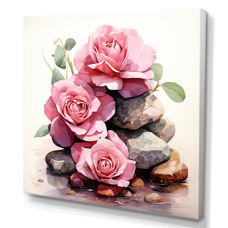 «Rose Stacked Rose on Spiritual Stones I», art mural rose, H 16 po x l 16 po x P 1 po, Toile tendue