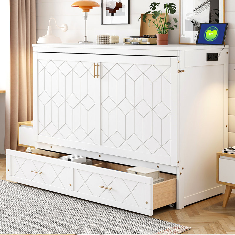 Grand lit escamotable mural avec tiroir et un ensemble de prises et de ports USB, Blanc