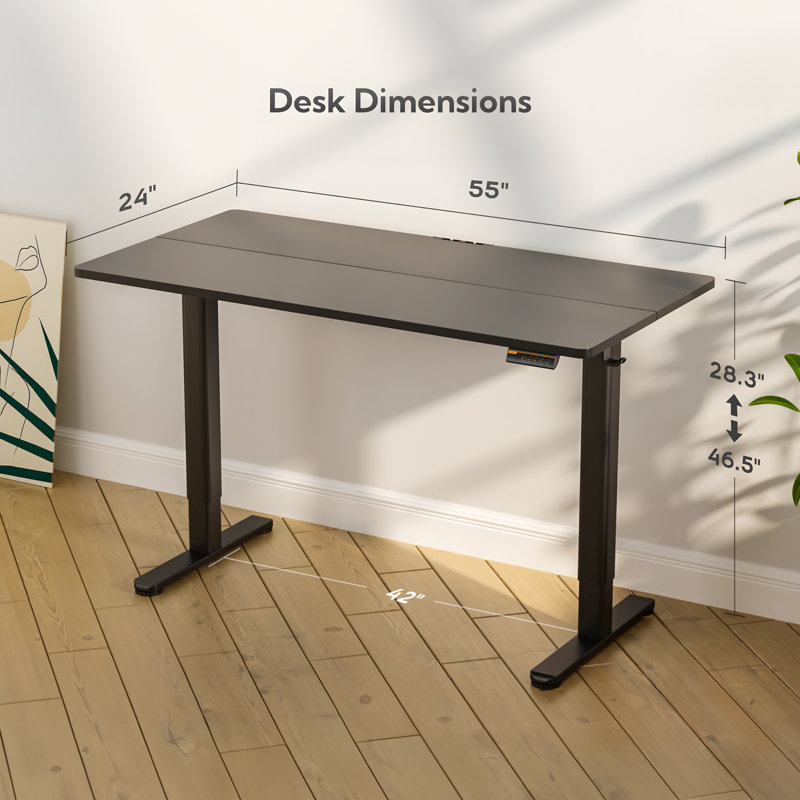 Bureau debout électrique à hauteur ajustable avec crochets, Noir / Noir, H 46,5 po x l 55 po x P 24 po