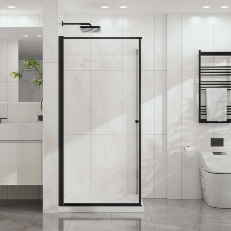 Cabine de douche, porte de douche d'angle avec base de douche blanche, cabine de douche à ouverture pivotante avec verre trempé transparent de 1/4 po