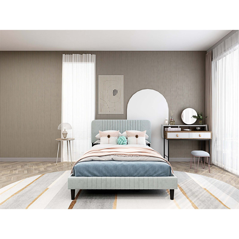 Upholstered Metal Bed, Full / Double, Light Gray