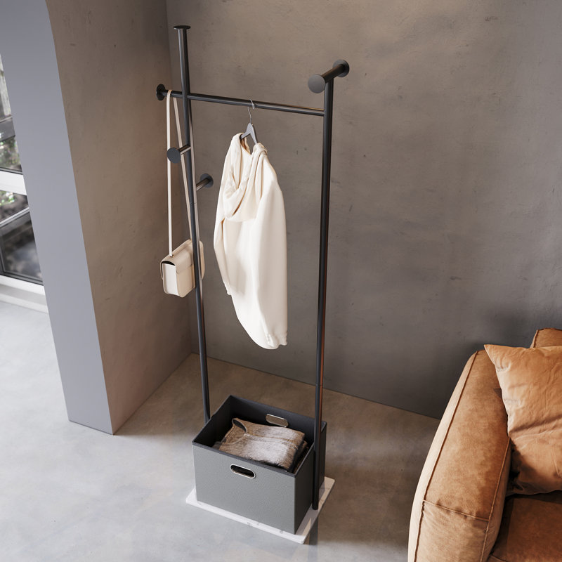 Ekhum Steel 5 - Hook Freestanding Coat Rack with Elegant Marble Base and Storage Box, Black
