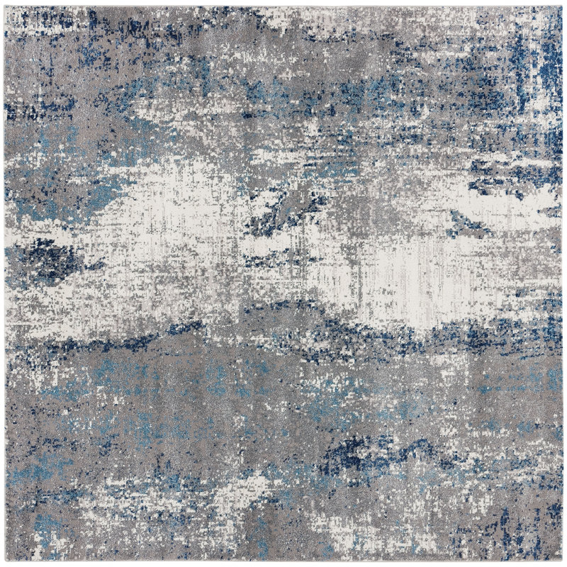 Tapis gris/bleu zone abstraite Musa, Carré 6 pi 7 po