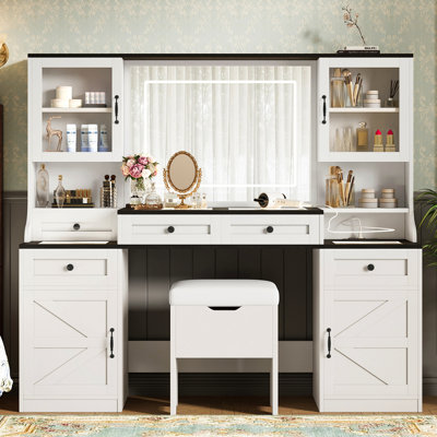 Meuble-lavabo de 61,5 po avec miroir et lumières à DEL, coiffeuse avec 5 tiroirs et 4 armoires, ensemble de coiffeuse de maquillage avec bureau en verre et tabouret de coussin pour la chambre à coucher