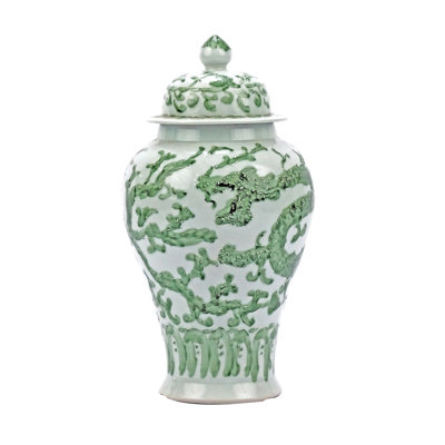 21 in H Dragon Lotus Temple Decorative Jar Green Porcelain