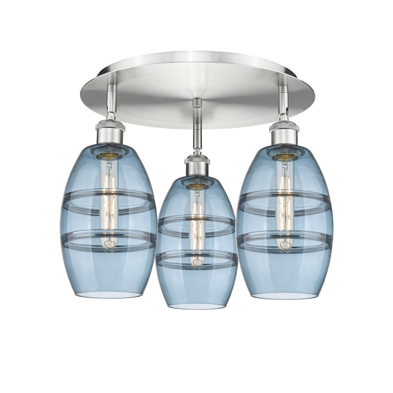Dundrod Glass Flush Mount, Princess Blue, 9.13" H x 17.63" W x 17.63" D, Satin Nickel