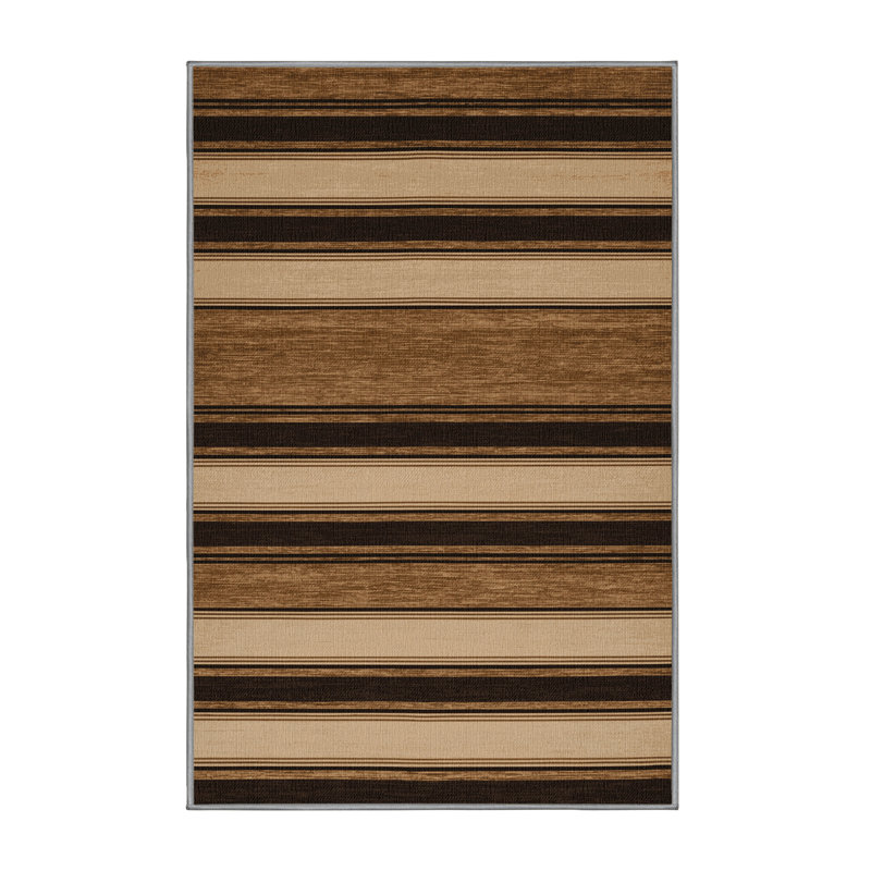 Washable Sandstone Brown Striped Area Rug, Rectangle 7' x 9'