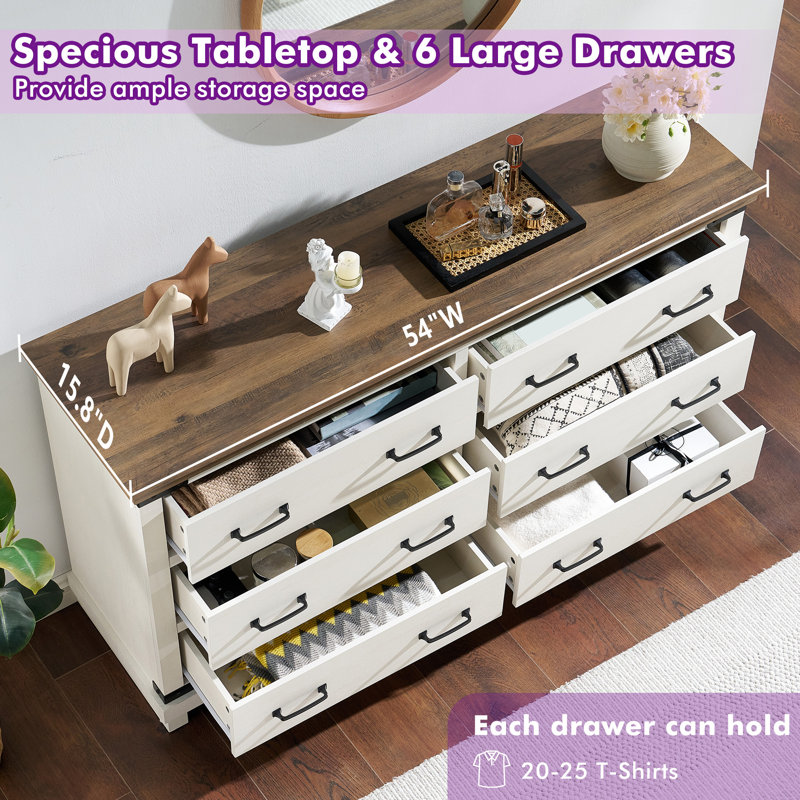 Commode double en bois à 6 tiroirs de 54 po avec plateau de table et décoration en métal, blanc / brun, Blanc / Brun