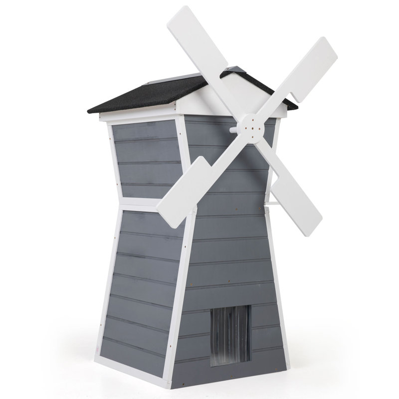 Maison pour chat amusante en forme de moulin avec 1 plateforme, 2 portes et un toit imperméable