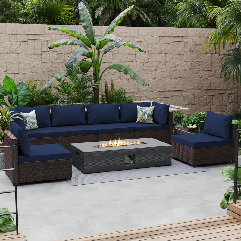 8-Piece Rattan Patio Conversation Set with Cushions and 56-Inch Outdoor Fire Pit Table, Navy Blue