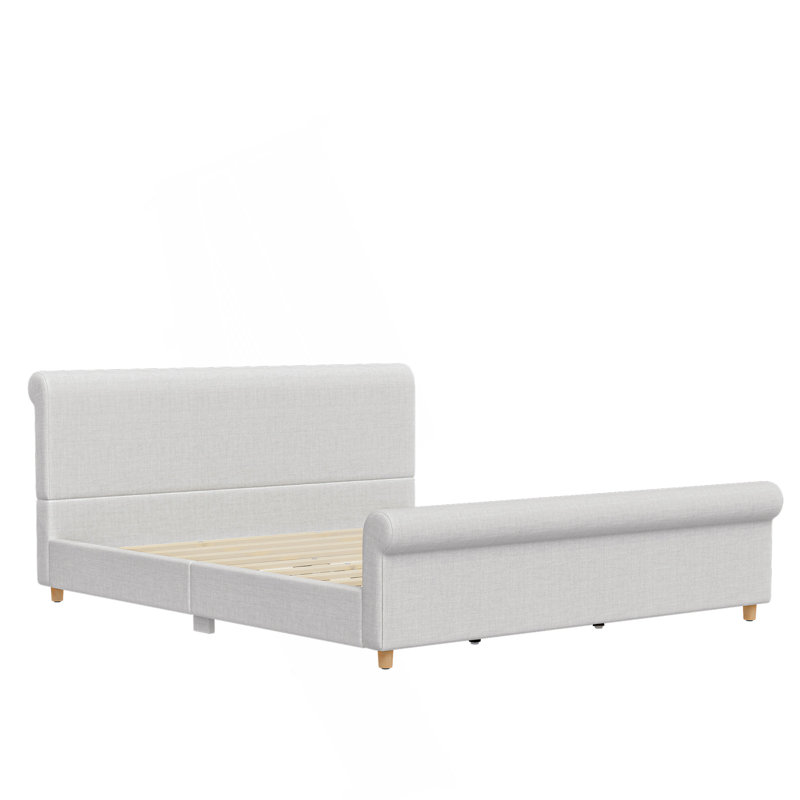 Très grande base de lit tapissier avec tête de lit haute et pied de lit roulé