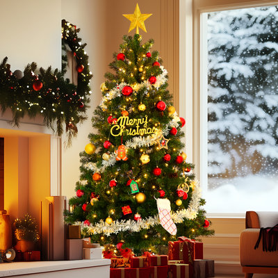 6Ft Pre-Lit Pine Christmas Tree With 250 Warm LED Lights, Artificial Christmas Tree, 756 Tips, Metal Stand And Hinged Branches