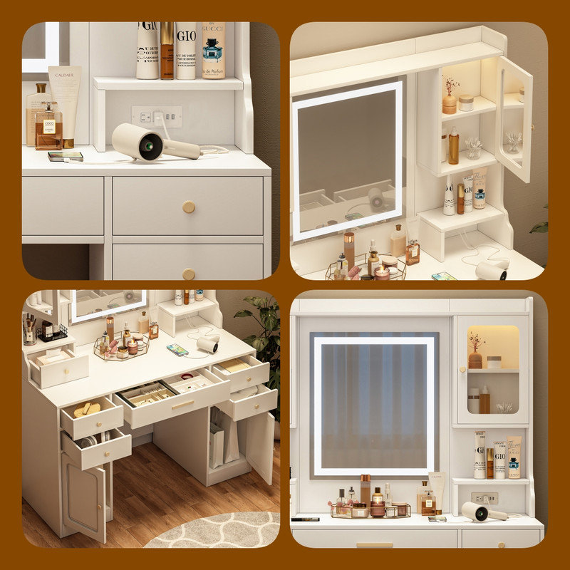 Coiffeuse 41 po avec miroir, bureau à 6 tiroirs avec tablettes de rangement pour la chambre à coucher