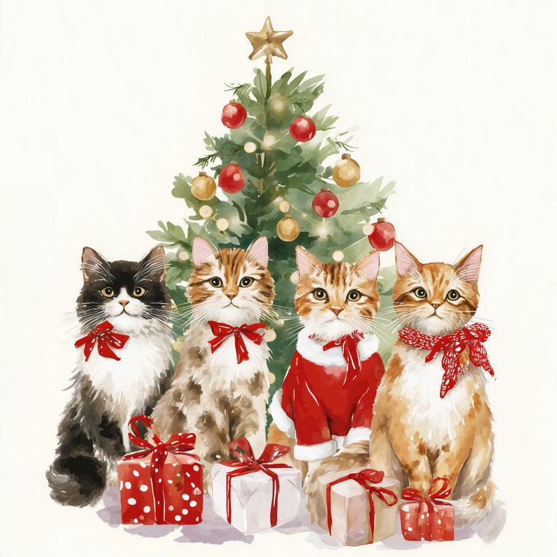 «Festive Christmas Cats by the Tree», art mural sur toile tendue