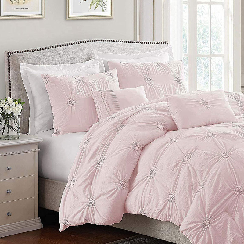 Ensemble de couette trois pièces à plis floraux, microfibre douce, couleurs pastel, ensemble de literie léger, Rosé