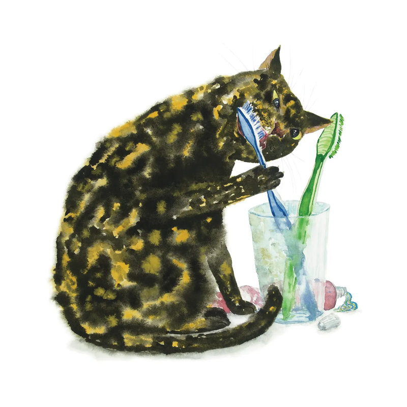 Cat Brushing Teeth 1 Piece Wrapped Canvas Wall Art, 30.48 cm H x 30.48 cm W