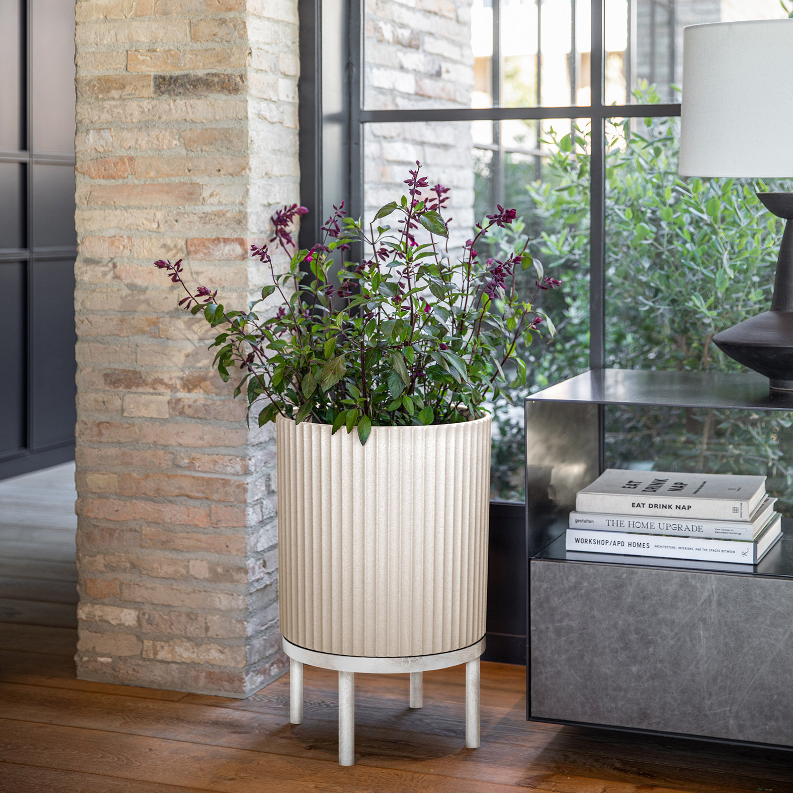 Demi Pot Planter, 1, 22" H x 14.75" W x 14.75" D, Sand/White
