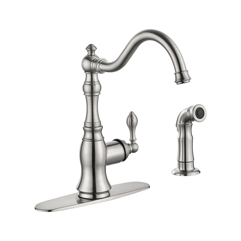 Robinet de cuisine à poignée simple avec douchette latérale, installation à 2 ou 4 trous, Stainless Steel