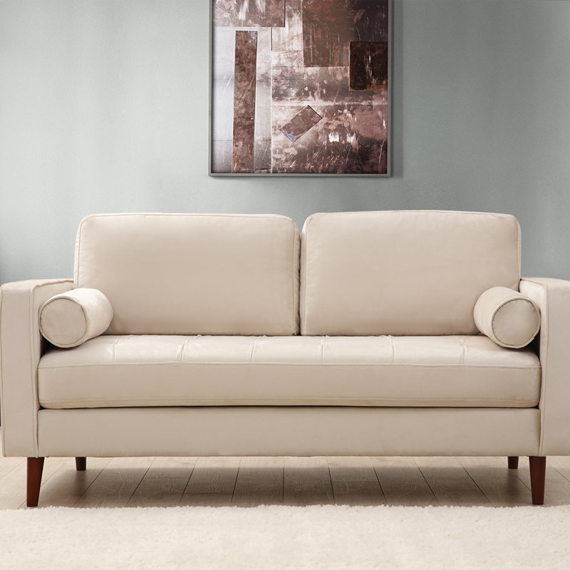 Élégant canapé 2 places, beige, 68,9 x 35,4 x 27,6 pouces | Structure en bois de hêtre et en carton, tissu 100% polyester | Coussin moelleux en mousse grise de 8 cm et en plumes de 5 cm, comprend 2 coussins | Design scandinave pour espaces de vie modernes