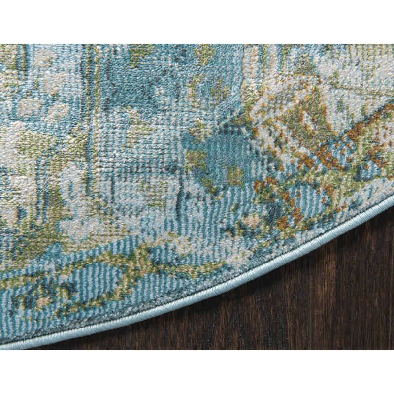 Folmar Oriental Indoor Rug, Round 8', Green/Light Blue