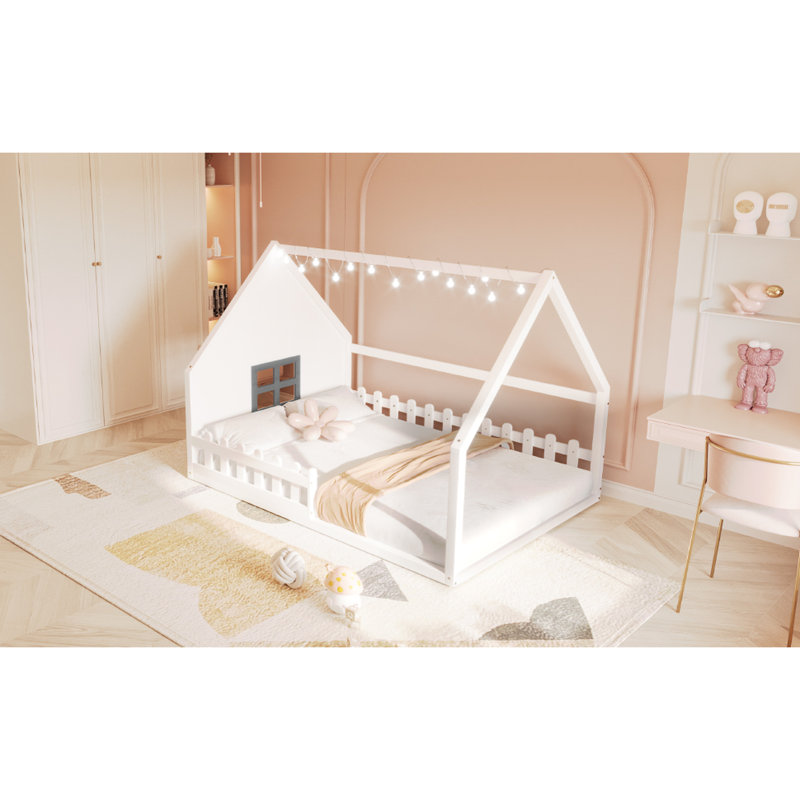 Lit de maison en bois blanc avec clôture et fenêtre - construit pendant des années, étincelle à DEL, sans attrait de sommier pour lit double et clôture, construction solide, raffinement