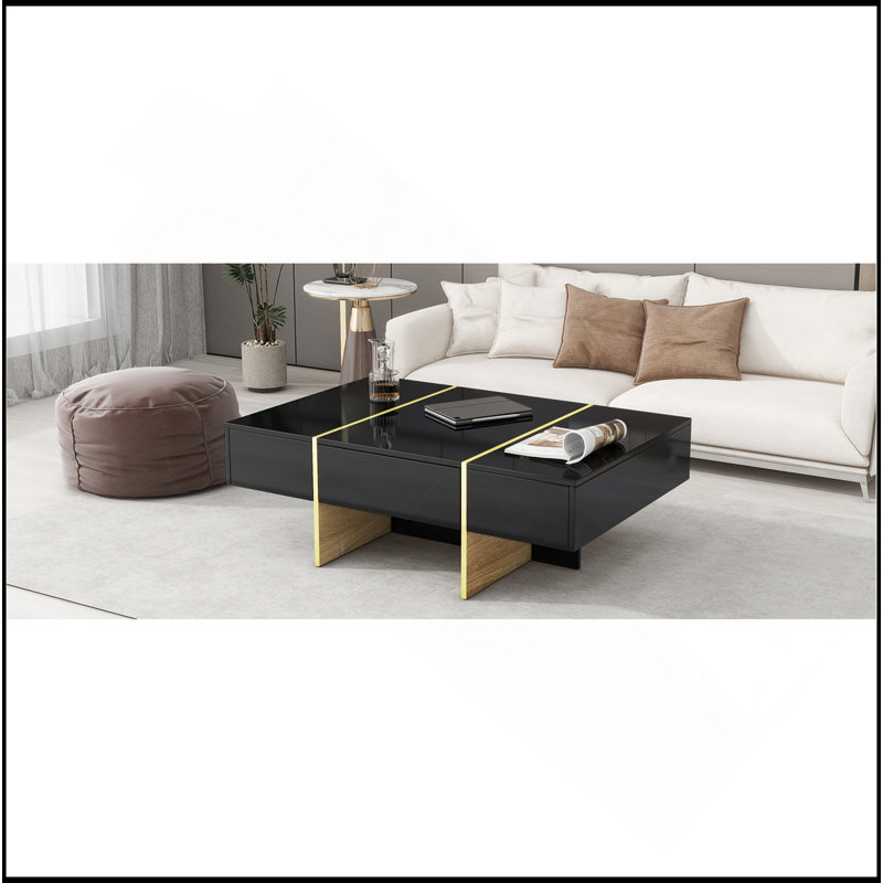 Table basse moderne minimaliste avec pieds en grain de bois doré et 2 tiroirs, idéale pour le salon et le bureau, Noir