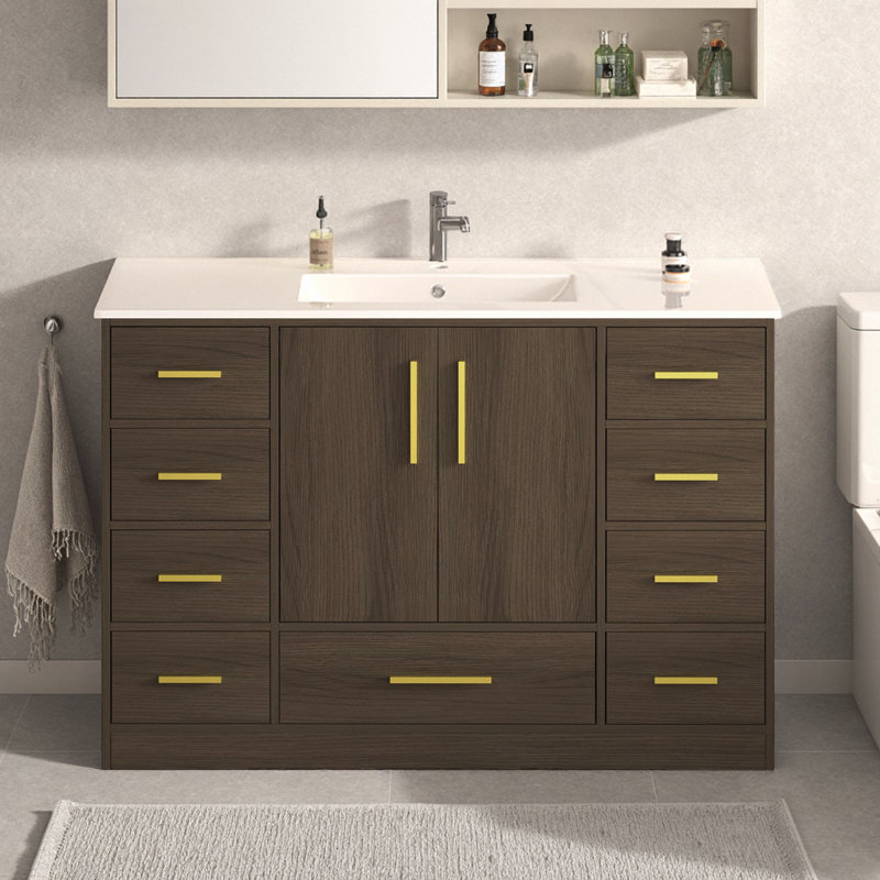 Meuble-lavabo 48 po avec rangement abondant | 11 tiroirs et 2 portes à fermeture en douceur, plateau en résine et armoire en panneau de fibres à densité moyenne, style transitionnel pour salle de bain principale