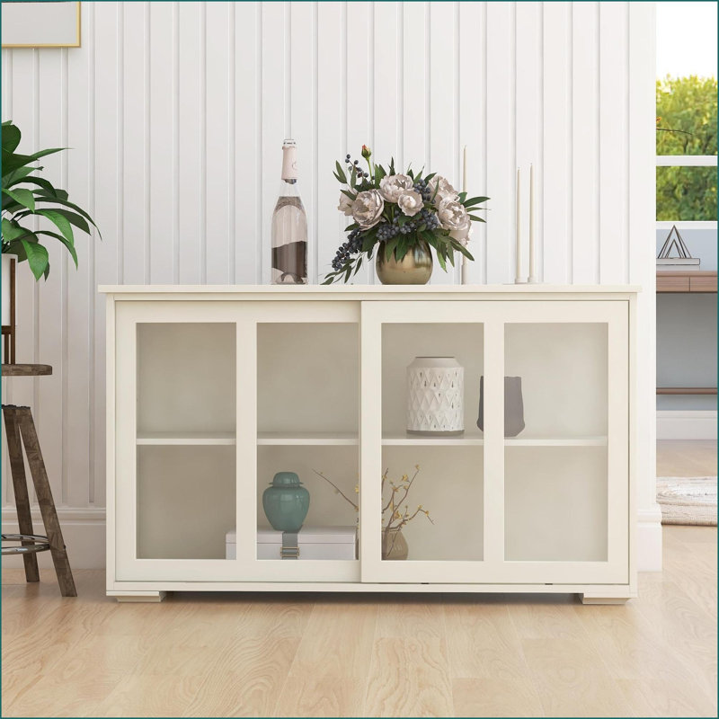 Buffet de cuisine avec portes coulissantes en verre, blanc | Panneau de fibres à densité moyenne de qualité E1 | Finition UV