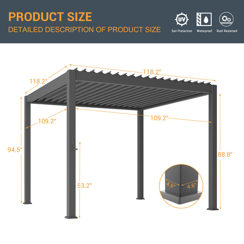 Aluminum Pergola with Louvered Canopy, Dark Gray, 10 Ft. x 10 Ft.	