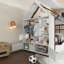 Lit plateforme simple avec tiroirs et tablettes, construction en bois massif, design enfantin, finition blanche et espresso-183097065