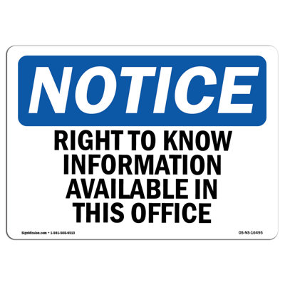Panneau «Right To Know Information» disponible en aluminium 12 x 18