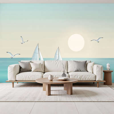 Papier peint adhésif Coastal Peel and Stick Voiliers Calm Ocean Seagulls