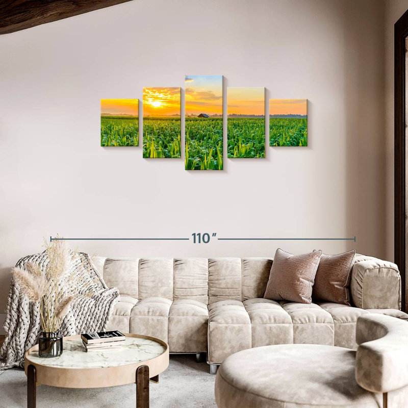 «Green Field Cornfield Sunset Scene», reproduction d'art sur toile 5 pièces, H 34 po x l 74 po x P 1,25 po