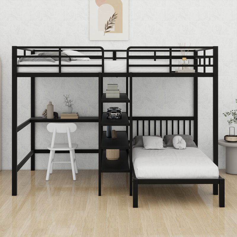 Lit double superposé double au-dessus de simple avec bureau intégré, tablettes et échelle, Noir
