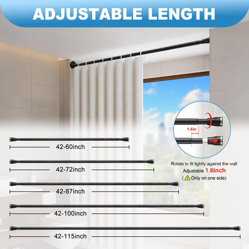 Barre de rideau de douche extensible, réglable de 42 à 115 pouces, robuste, noire, pour salle de bain, placard et fenêtres.