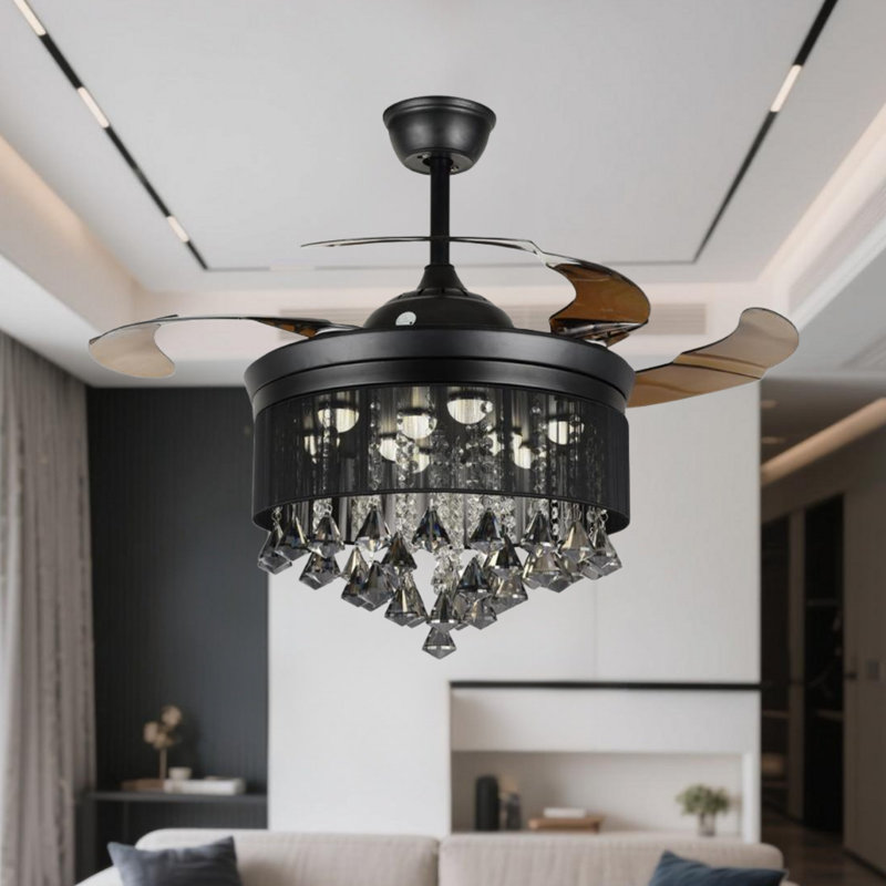 42" Black Crystal Ceiling Fan With Light 4 Retractable Blades With Remote Included