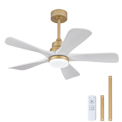 42 Inch Ceiling Fans with Lights and Remote Control, Wood Ceiling Fan for Patios Bedroom, Outdoor White Ceiling Fan with Lights, Noiseless DC Motor, Dimmable LED, 5 Solid Wood Blades