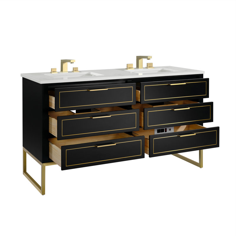 Markham 60'' W Double Vanity, Universal Calacatta Quartz, Satin Brass, Midnight Black