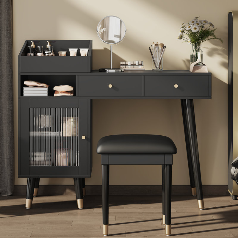 Modern Makeup Vanity Desk with Drawers, Cabinet & Charging Station, Space-Saving Dressing Table Set with Stool for Bedroom or Small Spaces, White