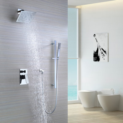 Système de douche moderne Sumerain avec douche de pluie carrée de 8 pouces, système de douche mural à poignée simple avec valve à pression équilibrée et douche à main, chrome