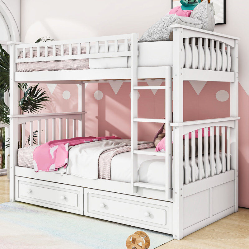 Structure de lit de jour en bois Wren avec clôture, style rustique, pin massif, Blanc, Double sur double
