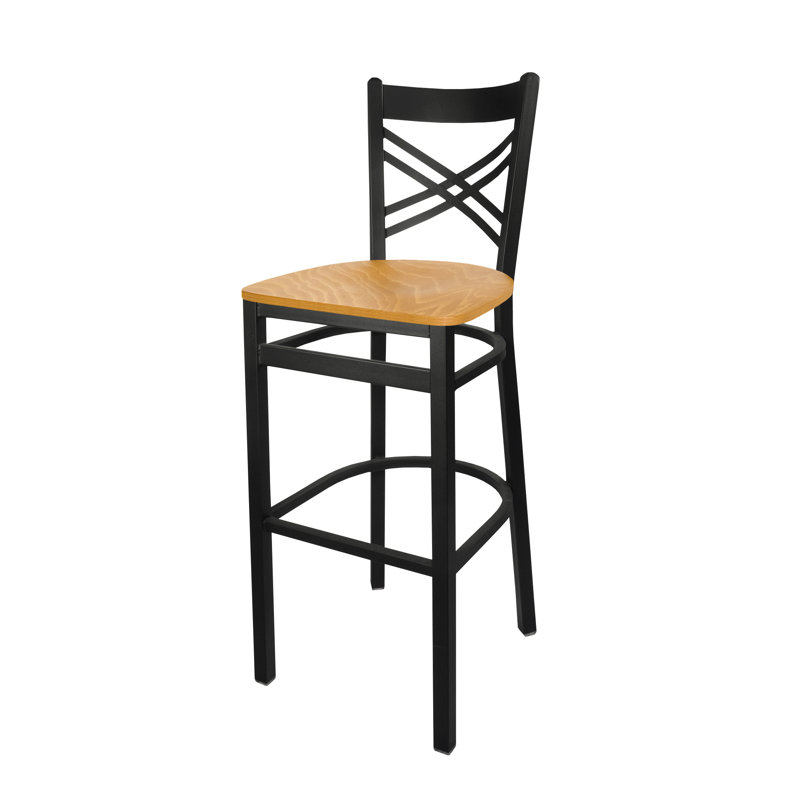 Marshall Cross Back Barstool - Light Cherry Wood Seat - Steel Frame - Sand Black Finish, Light Cherry Wood