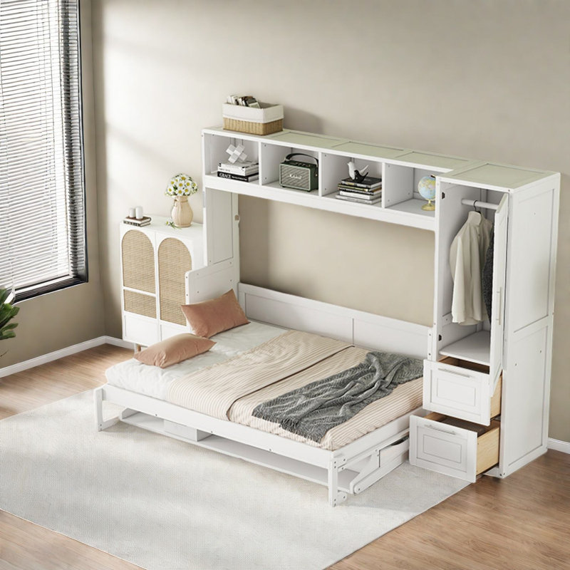 Lit escamotable peu encombrant avec rangement intégré, MDF blanc, maison moderne