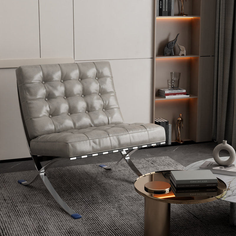 Modern Tufted Grey Pu Leather Accent Chair With Stainless Steel Frame, Gray