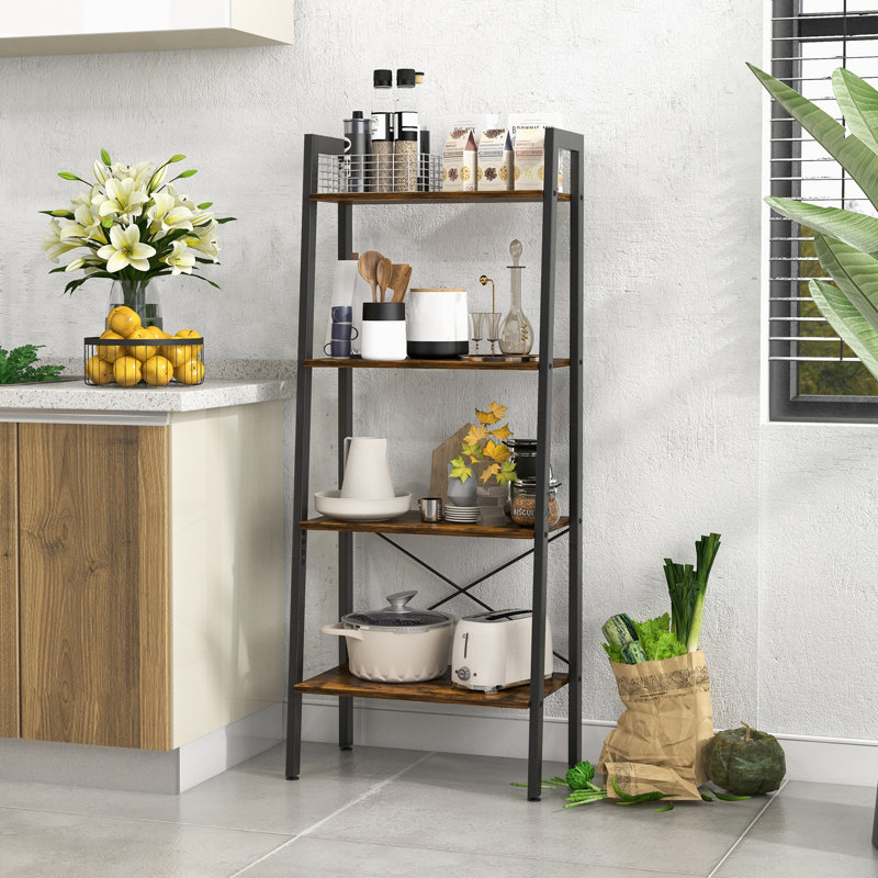 54.5'' H X 22'' W 4-Tier Ladder Bookshelf Industrial Wooden Bookcase with Metal Frame, Rustic Brown