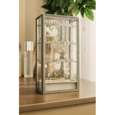 Elegant Glass Silver Lace Trim Jewelry Standing Display Case With Necklace And Earring Holder