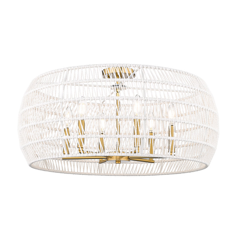 Plafonnier semi-encastré 6 lumières Babie en or brossé moderne avec corde en raphia blanc blanchi